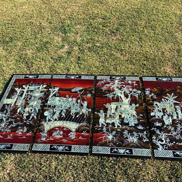Vintage Asian Lacquered Wood Panels Inlaid with Mother Of Pearl - Picture 2 of 15